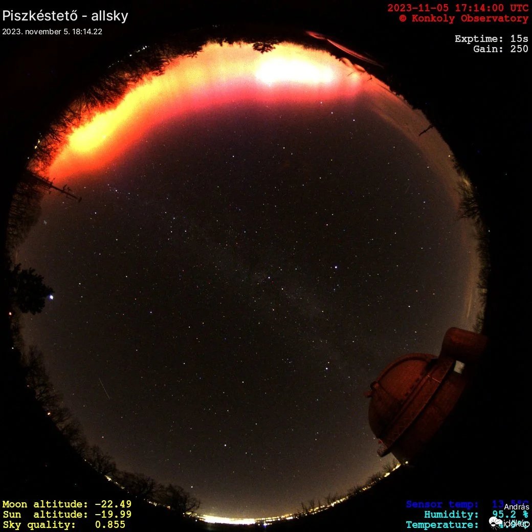 An aurora worthy to remember! Tonight's light show was so bright it overexposed our all-sky cam, and lit up the side of the dome in red!