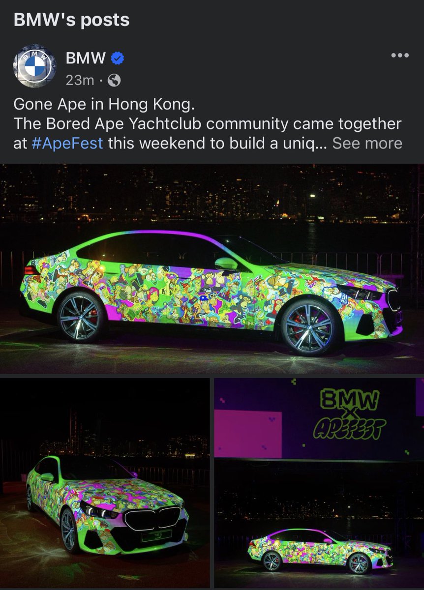 Unexpected

<a href="/BMW/">BMW</a> posted on their official social media accts on X, IG and FaceBook about their experience at ApeFest

Between all three accounts they have amassed over 𝟔𝟎 𝐌𝐈𝐋𝐋𝐈𝐎𝐍 𝐅𝐎𝐋𝐋𝐎𝐖𝐄𝐑𝐒

<a href="/yugalabs/">Yuga Labs</a> will build one of the biggest brands in the world.