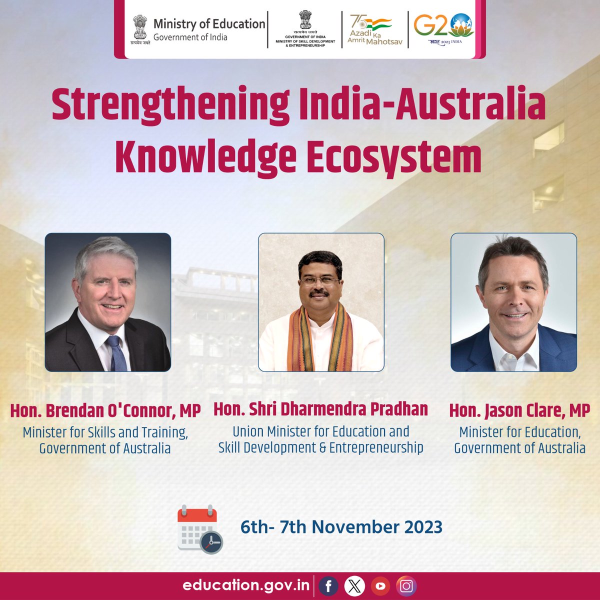 The 1st Australia-India Education and Skill Council (AIESC) meeting, scheduled for November 6, 2023, will be jointly chaired by Shri @dpradhanbjp, Hon’ble Minister for Education and Skill Development & Entrepreneurship, Government of India; Hon’ble Mr.
@JasonClareMP, Minister for