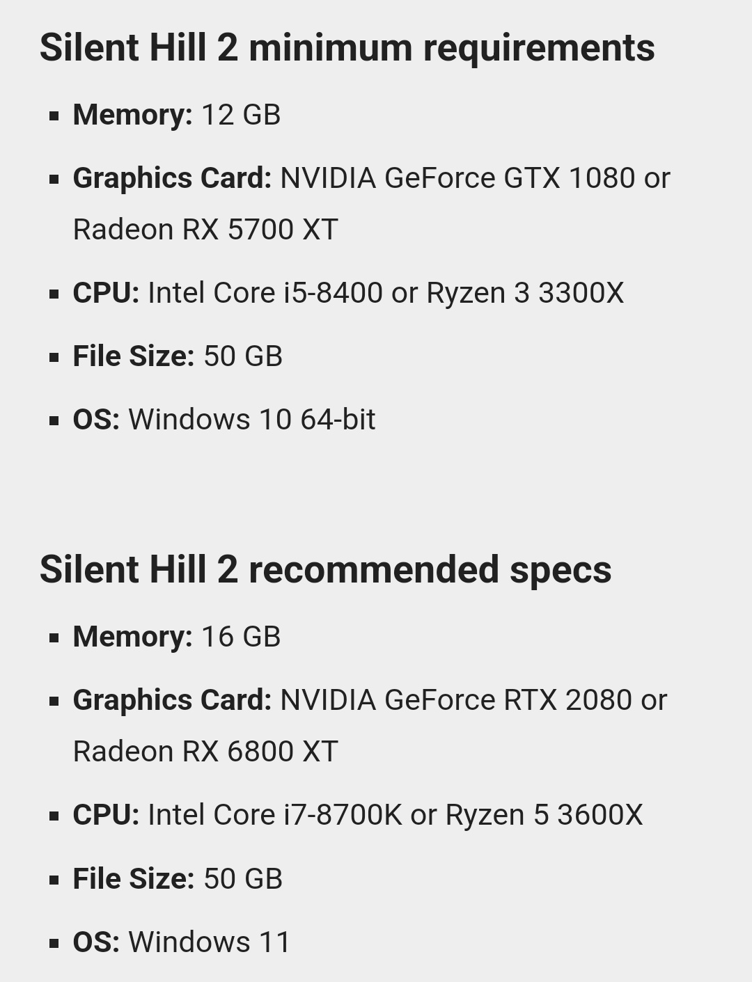 Silent Hill 2 Remake System Requirements 