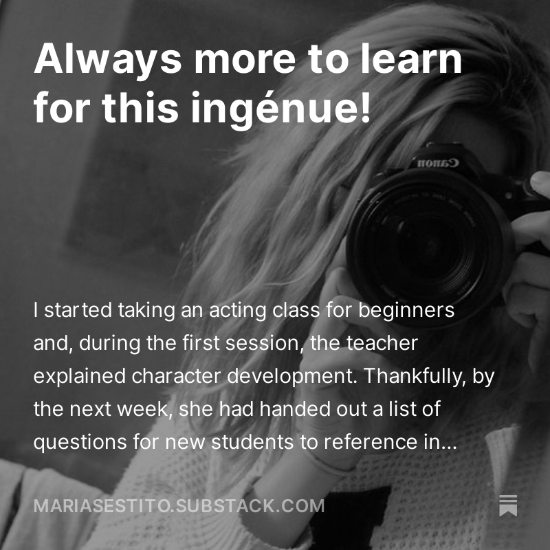 My acting teacher stumped me with some of life's big questions. Don't worry, I'm not becoming an actress! 

You can check out my latest <a href="/SubstackInc/">Substack</a> post here: 

open.substack.com/pub/mariasesti… #selfhelp #stagefright #pulicspeaking #novice