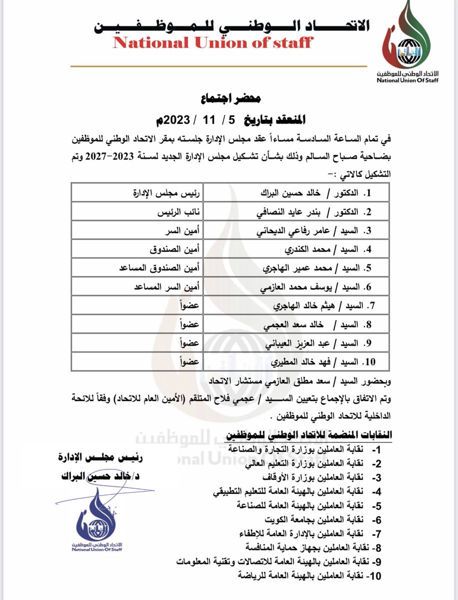 تشرفت اليوم بثقة زملائي في الاتحاد الوطني للموظفين وتزكيتي لرئاسة مجلس الإدارة، فكل الشكر لثقتكم الغالية، وبإذن الله القادم أفضل بدعمكم ومساندتكم لمزيد من المكتسبات النقابية للعاملين والموظفين

<a href="/ajmialmetlaqem/">عجمي المتلقم</a>
<a href="/Kh_Albarrak/">د.خالد حسين البراك</a> 

#الكويت