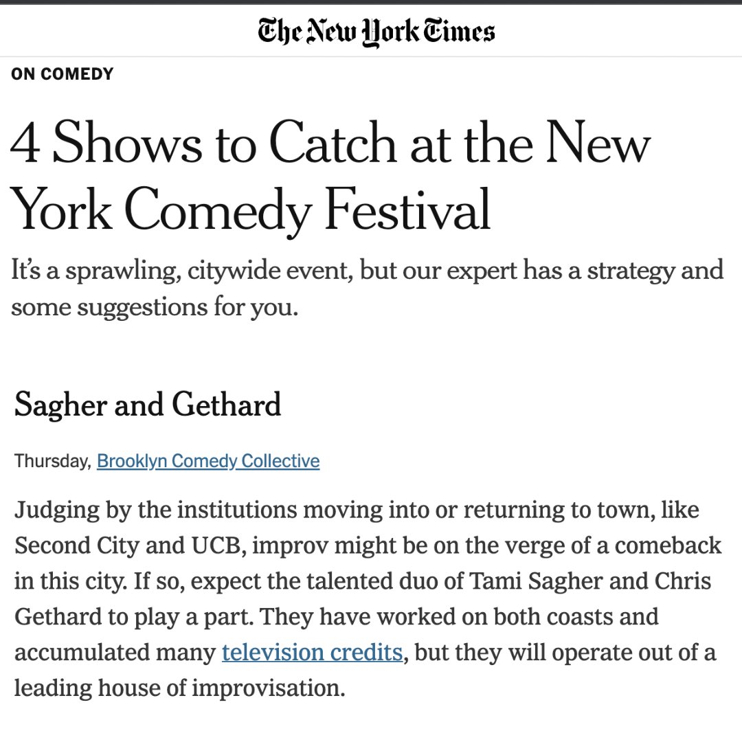 Welcome to a leading “Haus Of Improvisation!” Come see 👑 @ChrisGethard and 👸🏻 Tami Sagher slay the house down boots in @nycomedyfest ! ❤️ @nytimes and @zinoman for this beautiful shoutout to two comedy legends. Get tix to their show Thurs here: brooklyncomedy.com/ny-comedy-fest