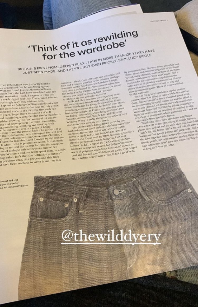 Love it! According to @lucysiegle @TheWildDyery’s bringing sexy flax back with @paddygrant and a whole uprising of natural fibre and dye lovers! In the latest edition of @thetimes Luxx Magazine. #WomanGrowsJeans