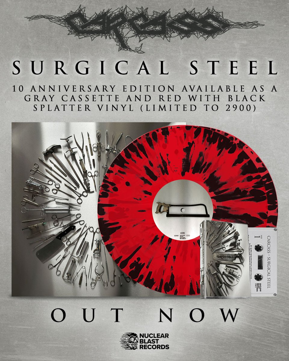 Now shipping worldwide. 𝗦𝘂𝗿𝗴𝗶𝗰𝗮𝗹 𝗦𝘁𝗲𝗲𝗹 on Red with Black Splatter Vinyl and Gray Cassette. 👉 carcass.bfan.link/surgical-steel… #Carcass #DeathMetal #Metal