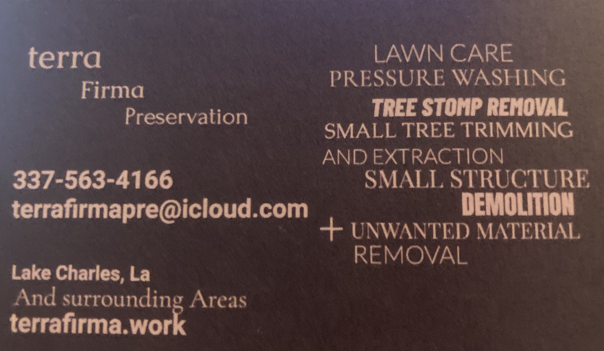 CALL 337-563-4166 OR DM TODAY TO CHECK ON GREAT DEALS ON PROFFESSIONAL AND AFFORDABLE LAWN CARE WIT Terra Firma Preservation
#blackownedbusinesses
#lakecharleslouisiana
#lawncareservice
#pressurewashingservices
#smalldemolition
#materialremoval
#StumpRemovalServices