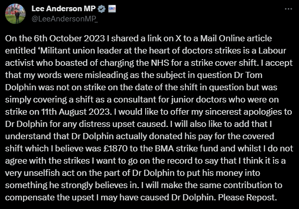PolitlcsUK's tweet photo. 🚨 NEW: Tory Deputy Chairman Lee Anderson will donate £1870 to BMA's strike fund after being forced to apologise for sharing false information about an NHS consultant https://t.co/PFVqhg9BDs