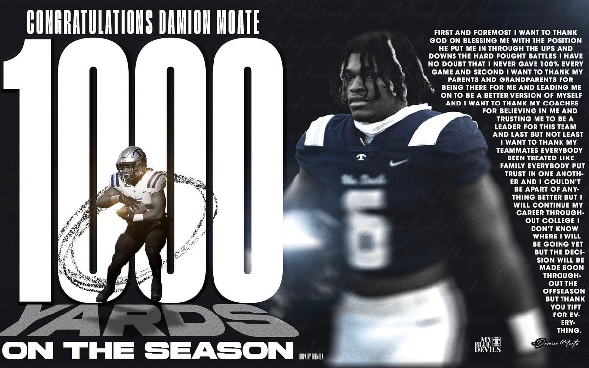 Damion Moate, ’24 RB, 3.45 GPA🎓
5’9/190/4.59 Laser (Mercer)⏱️
2024: 213c 1003yds, 7TDs 📈
Career: 2042 APY 14TDs🥇
hudl.com/v/2MRrZJ ⬅️-click here^^^full szn highlights is up its been a good season❤️ <a href="/oldballcoach4/">Noel Dean</a> <a href="/rwalt8/">Ryan Walters</a> <a href="/TiftFootball/">Tift County Football</a> <a href="/Mario_McClendon/">Coach Mario McClendon</a> <a href="/DerrickFarrowDB/">Derrick Farrow</a>