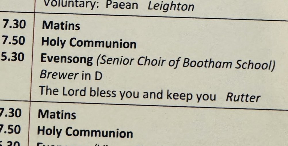 At last. <a href="/YorkMinChoir/">York Minster Choir</a> chorister Sam gets the chance to watch his Dad on the back row with @BoothamSchool choir when they sing Evensong tomorrow. Nearly 40 years since Mr B was last in the stalls <a href="/York_Minster/">York Minster</a> when visiting with @BroughtonChoir.  
Will be a special moment.