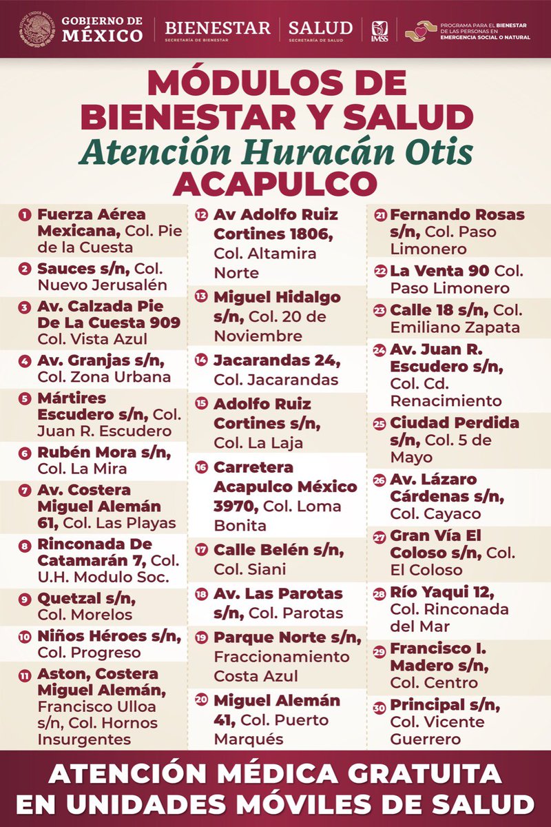 A_MontielR's tweet photo. 🔴AVISO  
Te compartimos las direcciones de los 📌#MódulosBienestar y #Salud donde podrás recibir informes sobre los Programas de #Bienestar y también atención médica gratuita.

¡Juntos pondremos de pie a Acapulco! 🇲🇽

@EvelynSalgadoP @SSalud_mx @Tu_IMSS
#JuntosPorGuerrero 
#PrimeroLosPobres