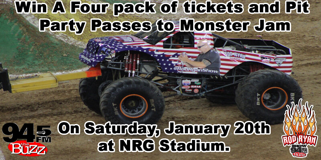 rodryanshow's tweet photo. Here is your chance to win a four-pack of tickets and Pit Party Passes to @MonsterJam with @rodryanshow #945THEBUZZ and #every20minutes. To win, you must Retweet this post using the #rodryanshowmonstertruck. The winner selection happens at 7:00 a.m. https://t.co/cEFGmcT8Jf
