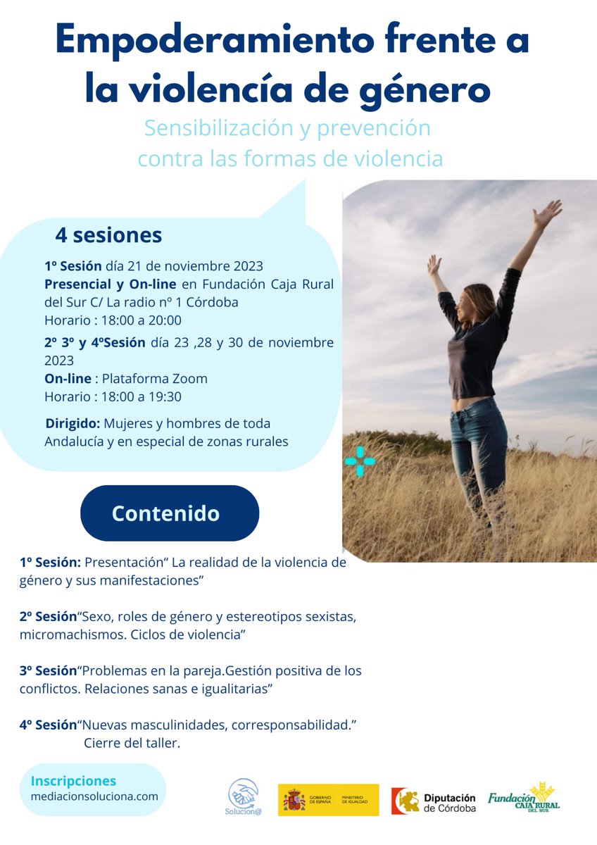 #Noviembre
Empoderamiento frente a la #ViolenciaDeGenero 
on line, libre y gratuito
Inscripciones
mediacionsoluciona.com/empoderamiento…

<a href="/IgualdadGob/">Ministerio de Igualdad</a> 
<a href="/SolucionaMedia/">Solucion@ Mediación</a> 
<a href="/dipucordoba/">Diputación de Córdoba</a>