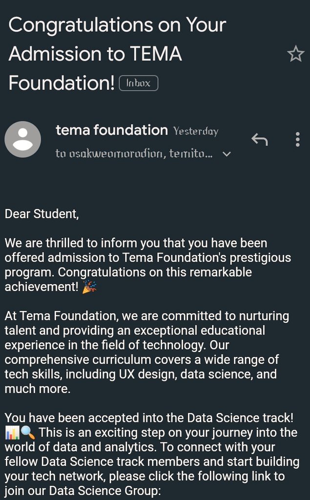 Finally!!!
My Journey in Tech has begun
@Tem_Foundation #DataScience  I appreciate the opportunity you've bestowed upon me promise not to let you down