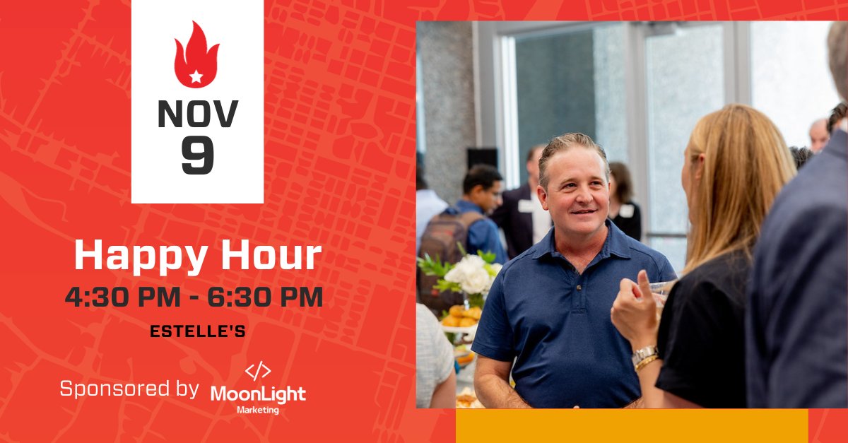 Don't miss your opportunity to connect with like-minded innovators at Happy Hour, sponsored by MoonLight Marketing, during #ATXStartupWeek! 🍻💫 📅 Date: Thursday, November 9th ⏰ Time: 4:30 PM - 6:30 PM 📍 Location: Estelle's