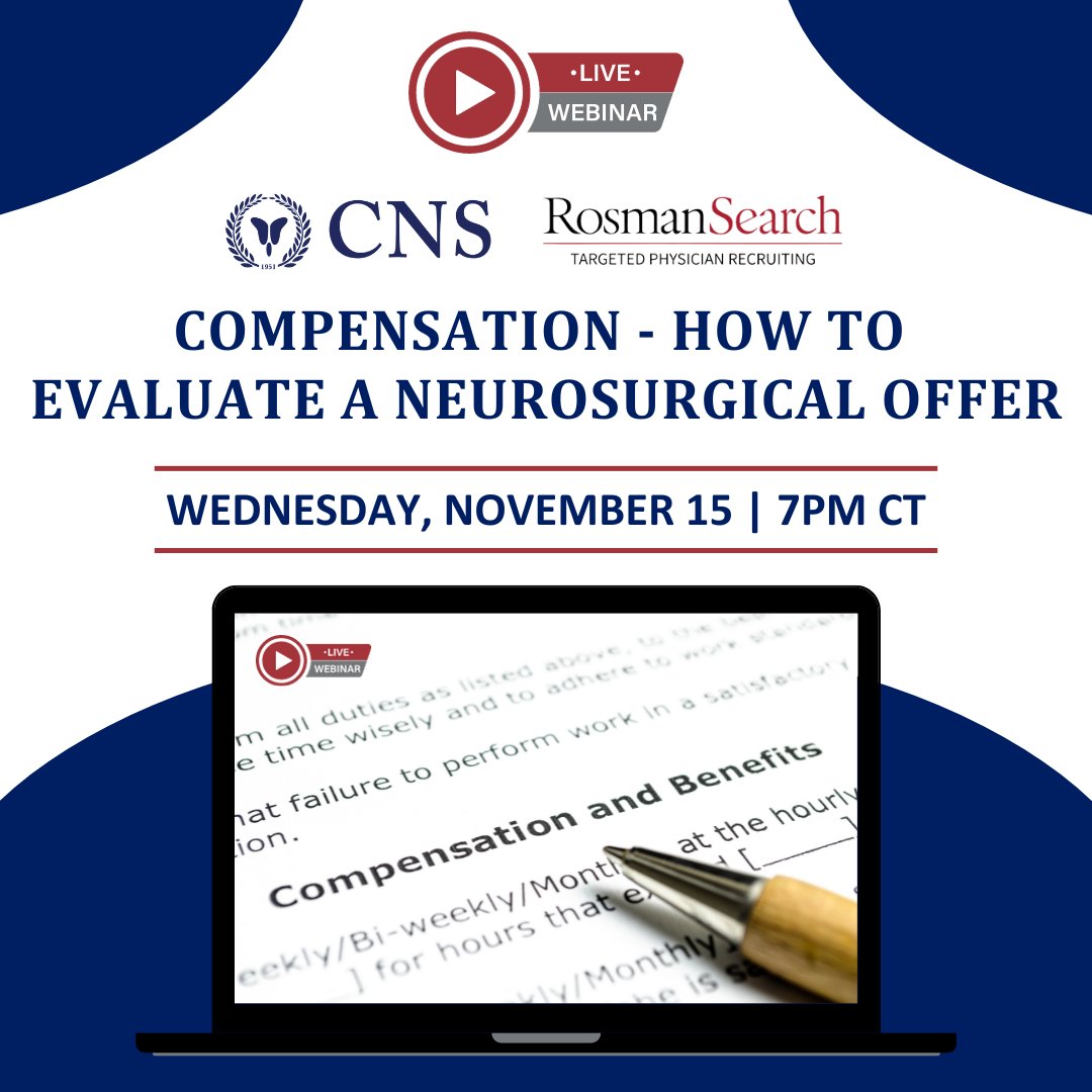 Evaluating offers is an important component of finding the right fit in #neurosurgery. Learn the tools to effectively evaluate compensation structures, comparing offers, & more with this webinar on #Compensation. Complimentary for CNS members: bit.ly/474PvBm #CNSWebinar