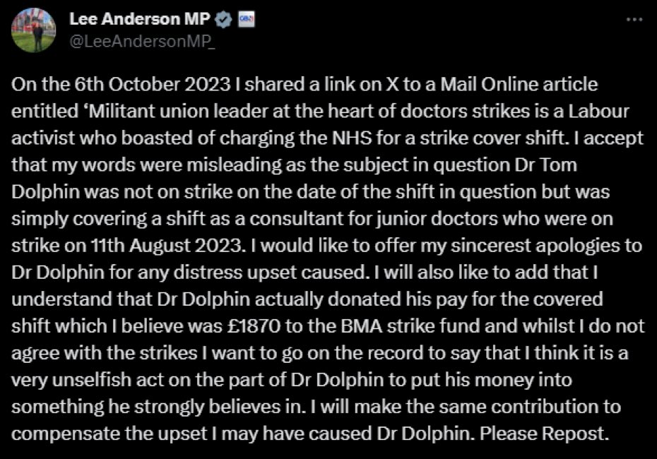 Sometimes something is simply too delicious; in this case it’s the ridiculous Tory Deputy Chairman  Lee Anderson having to apologise to a doctor by donating to the British Medical Association’s… wait for it….strike fund. 

Absolutely glorious. 🏆