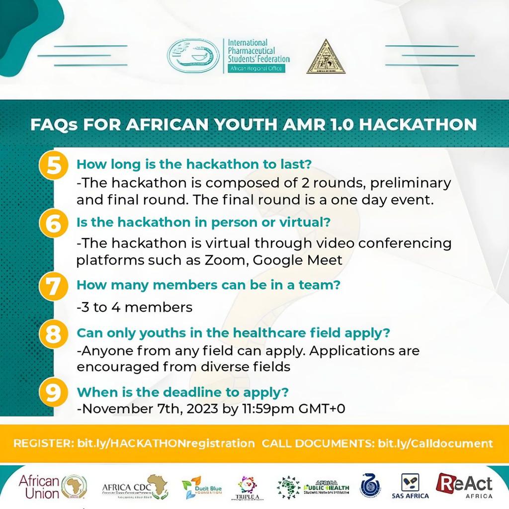 IPSFAfRO's tweet photo. Exciting News: The countdown has begun for the African Youth AMR Forum Data Hackathon! 🗓️ Join us on a journey of innovation and collaboration as we work together to combat antimicrobial resistance (AMR). 💡

Seek answers to your questions and stay informed by exploring our FAQs. https://t.co/ukjliKNAPK