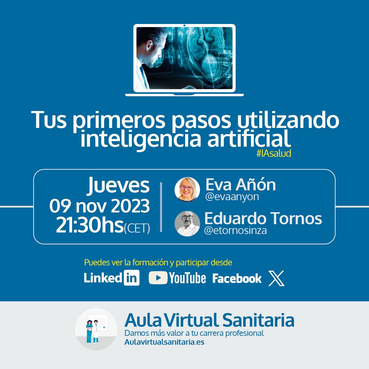 Aula Virtual Sanitaria (@aulavsanitaria) on Twitter photo 🏥📷 En temas de salud... ¿Me puedo fiar de ChatGPT?
Este jueves te ayudamos a dar tus primeros pasos utilizando herramientas #InteligenciaArtificial en un nuevo webinar gratuito del #AulaVirtualSanitaria
Con <a href="/evaanyon/">Eva Añón | Comunicación, Redes, IA en Salud</a> y <a href="/etornosinza/">Eduardo Tornos</a>
Inscripciones
streamyard.com/watch/StMyYWRg… 🏥📷 En temas de salud... ¿Me puedo fiar de ChatGPT?
Este jueves te ayudamos a dar tus primeros pasos utilizando herramientas #InteligenciaArtificial en un nuevo webinar gratuito del #AulaVirtualSanitaria
Con <a href="/evaanyon/">Eva Añón | Comunicación, Redes, IA en Salud</a> y <a href="/etornosinza/">Eduardo Tornos</a>
Inscripciones
streamyard.com/watch/StMyYWRg…