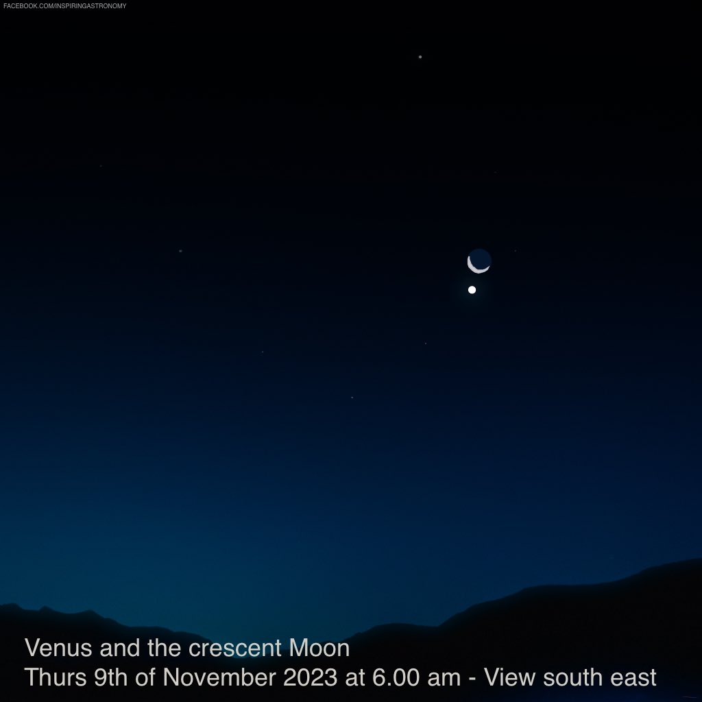 InspiringAstro's tweet photo. 🌙🪐 Don't miss the cosmic spectacle on Nov 9th! See Venus and the crescent Moon in a breathtaking close conjunction before sunrise. 🪐🌙

🔭 No telescope needed, just look up !

🌟 Venus and the Moon will be less than 1 degree apart 🌄 Best viewing between 5-7 am UK (GMT) https://t.co/bv3yJiupw9
