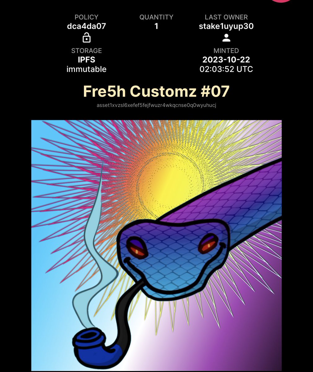KDog77435942's tweet photo. @_ThisCr8zyLife_ @TheRefreshCNFT @diligence_NFT Yeah I got mine and it’s spot on. A number 7 $SNEK #Fre5h https://t.co/PdfHmzGXQw