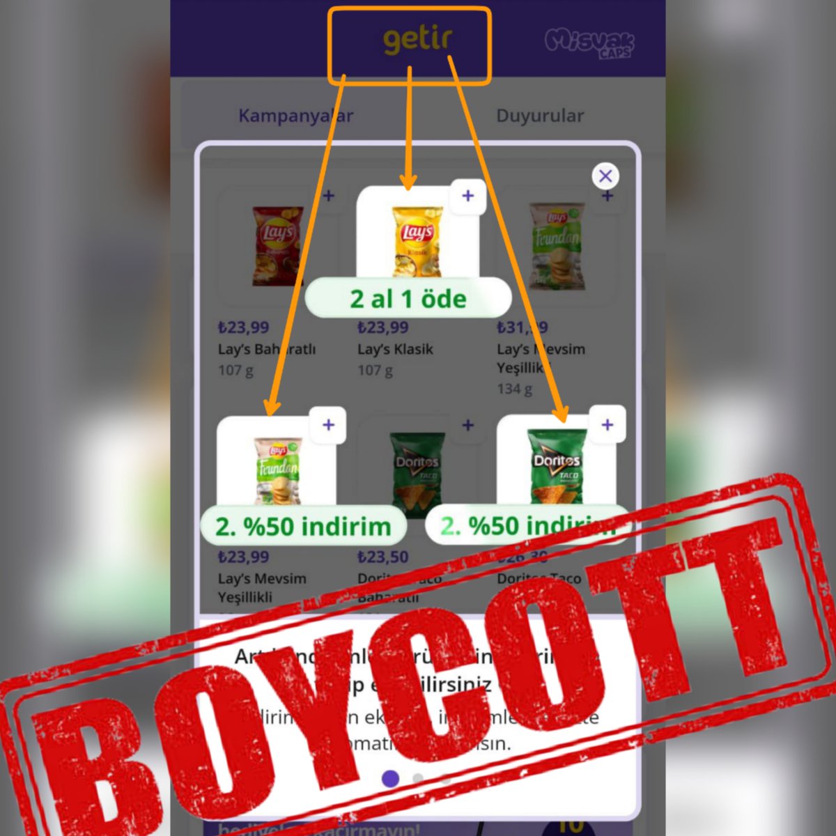 misvakcaps's tweet image. Soykırımcı İsrail mühimmatlarını ısrarla %50 indirimli satan @getir
isimli firma için başlattığımız boykot etketimiz listede 👉#GetirBoykot

Bebek katili soykırımcı İsrail&apos;in ürünlerinin satışını artırmak istiyenlere müsamahâ göstermeyeceğiz!

Etikete Destek 👉 #GetirBoykot