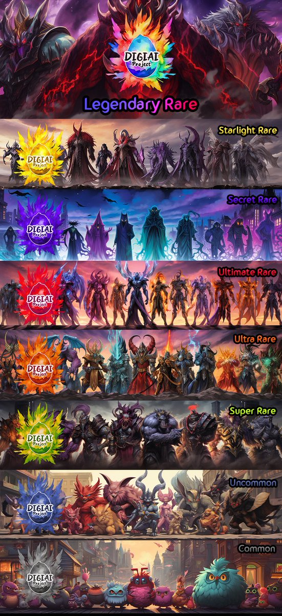 DigiaiProject's tweet image. ⭐️Rank / Supply / Pack
Common 500/500 
Uncommon 300 / 300
Super Rare 100 / 100
Ultra Rare 50 / 50
Ultimate Rare 30 / 30
Secret Rare - / 15
Starlight Rare 5 / 5
Legendary Rare *1
#NFT #NFTS #NFTs #NFTcollection  #NFTs #OpenSeaNFT #opensea #NFTcollectibles #NFTCommunity #NFT