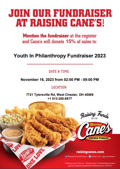 Join us at Cane’s to have a tasty meal on Thursday, November 16th! Make sure to mention this flyer so that 15% of proceeds will go to YIP🍽️