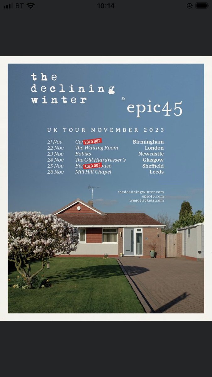 I’m very thrilled to be helping with @DecliningWinter & @epic45 shows in London @WaitingRoomN16 (Wed 22.11) and @millhillleeds (Sun 26.11). First up - London show has now sold out! M Secondly - we have very few tickets left for Leeds… grab them quick! Links to follow.