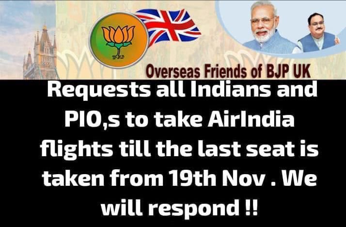 OFBJPUK4UP's tweet image. Calling on all Indians, NRIs, and PIOs to support AirIndia by taking their flights every day until November 19th to send a strong message. Let's show our solidarity with our national carrier! 🇮🇳✈️ #SupportAirIndia #FlyWithPride" 

@OFBJPUK #BJP4IND #bjp