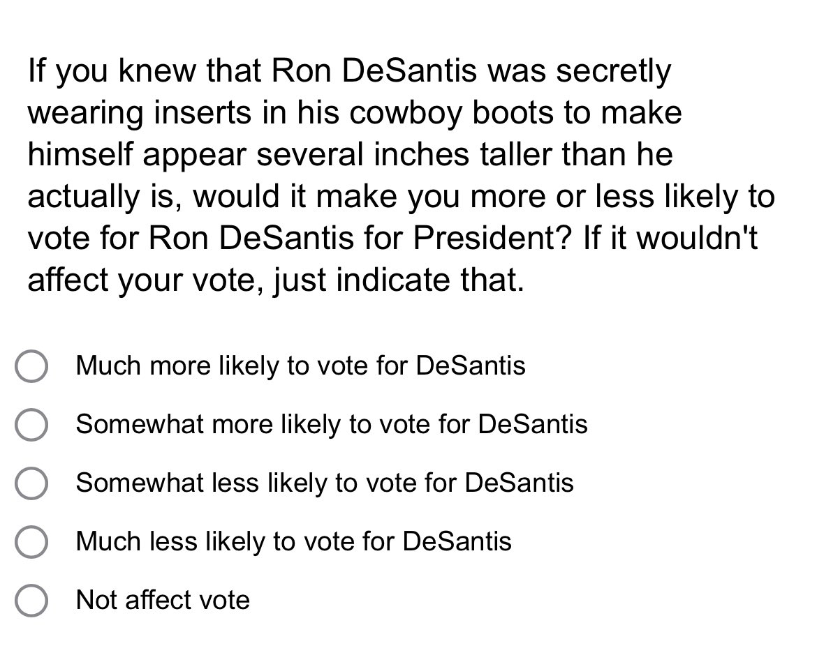Okay…from the latest #GOP push #poll. I guess cowboy boot insert-gate will be the deciding factor in the #2024GOPPrimary #2024Election