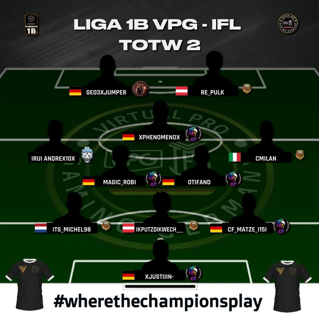 ⚫ VPG-IFL Germany TotW
🔴 Liga 1 A+B
🟡 Week 2

Euer VPG-IFL Team
#totw #fc24 #EAFC24 #Clubs #11vs11 #gaming #esport #NextGen #crossplay