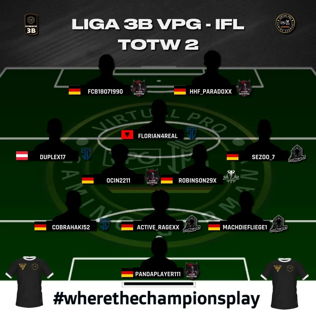 ⚫ VPG-IFL Germany TotW
🔴 Liga 3 A+B
🟡 Week 2

Euer VPG-IFL Team
#totw #fc24 #EAFC24 #Clubs #11vs11 #gaming #esport #NextGen #crossplay