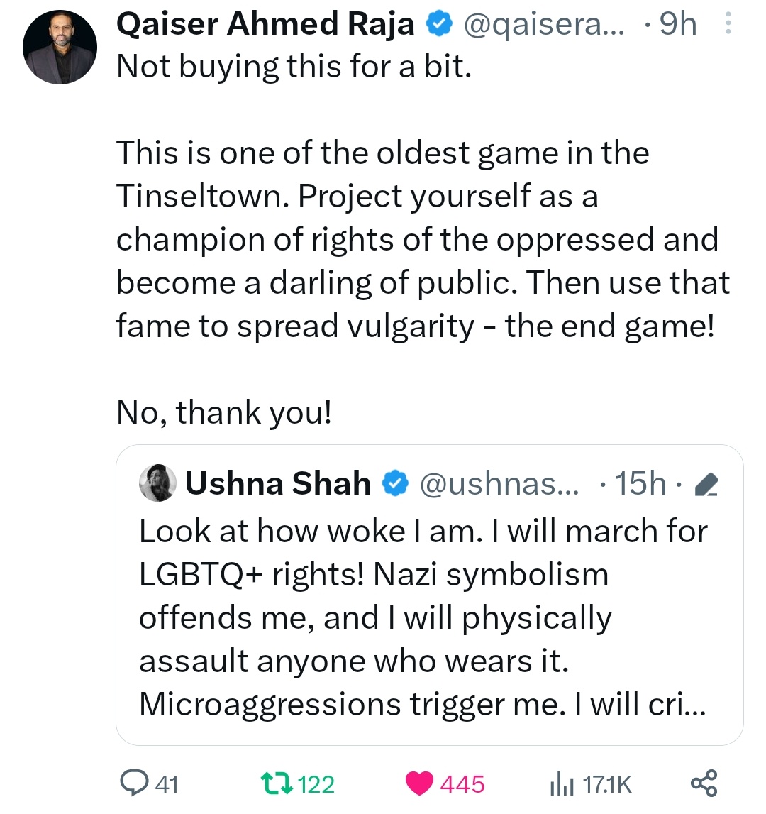 TheDrifterSays's tweet photo. 🧵 A mini THREAD to expose this fiIthy d3generate @ushnashah who's only good at fake crying for the Palestinians. She has got nothing good for the Palestinians, she's just cashing this Genocide for her own reach and she's just trying to "De-islamicize" this cause. + https://t.co/sJ56D1iA6X
