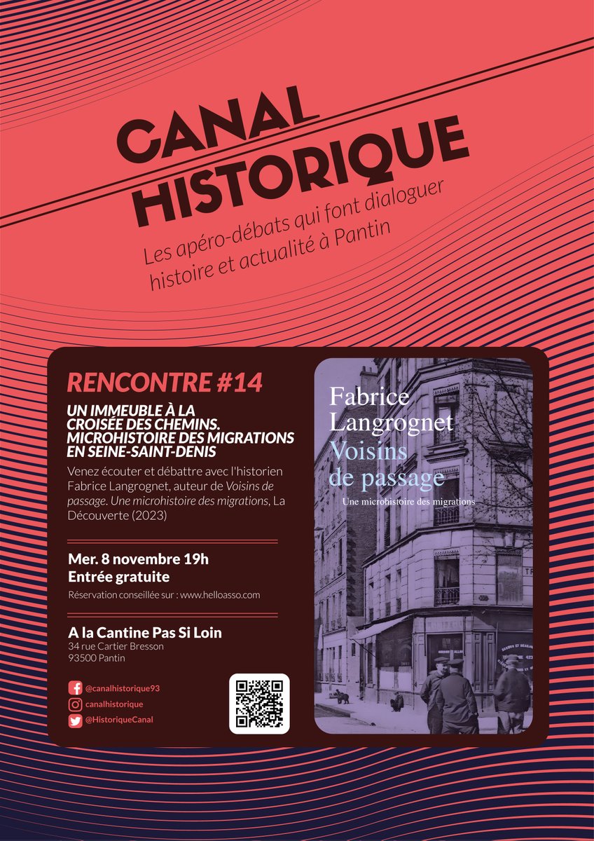 On n'oublie pas : mercredi à 19h à la Cantine Pas Si Loin de Pantin, pour discuter des migrations dans le 93 avec F. Langrognet @CHSXXE !   
#pantin #histoire #débat #Immigration #4chemins #vie2quartier #SeineSaintDenis