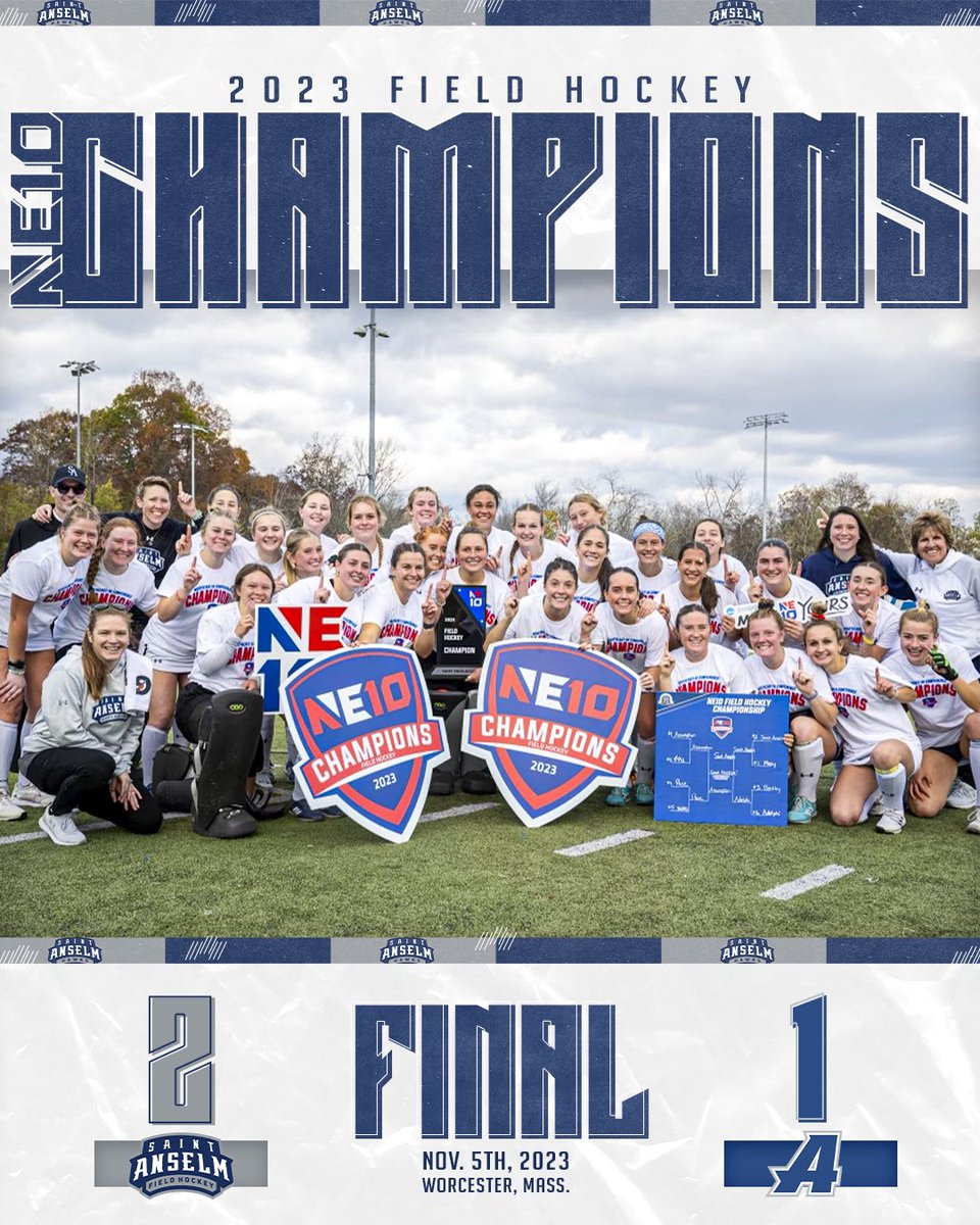 STAHawksFH's tweet photo. Your 2023 NE10 Champions!🏆🤩 

Saint Anselm earns second-ever NE10 Championship title in program history!

Championship Recap 🔗: https://t.co/F4SsFkCcJl

#HawksSoarHigher https://t.co/9IH7EMKHLs