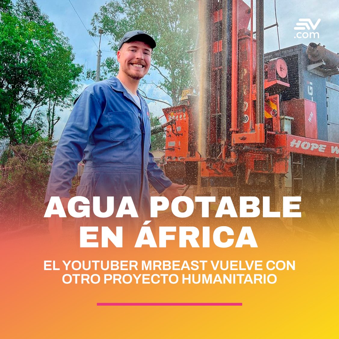 ecuavisa's tweet photo. 📌 Jimmy Donaldson, también conocido como MrBeast, realizó un proyecto humanitario para proporcionar agua limpia a medio millón de personas en Sudáfrica. 

Más detalles 📲 https://t.co/H7uk6s9XBt https://t.co/qBhNdmCQ99