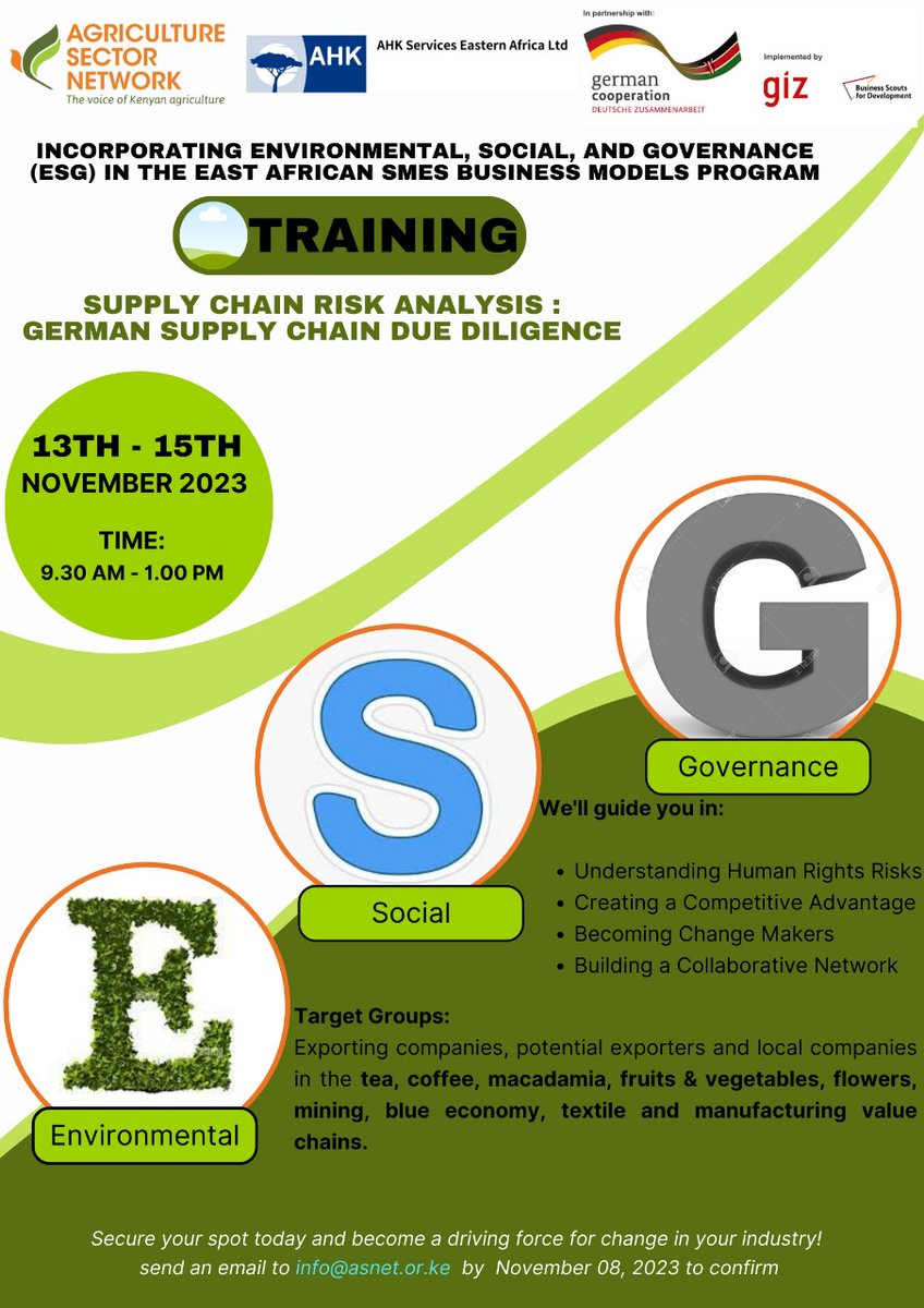 AsnetKenya's tweet photo. Don't miss this chance. REGISTER NOW! https://t.co/6zaQjmS7CL
📅 13th - 15th November
Mode of training: Virtual
#SupplyChainDueDiligence #SustainabilityToday #EastAfricanAgriculture #BusinessScoutsforDevelopment https://t.co/3ALGsQidYd