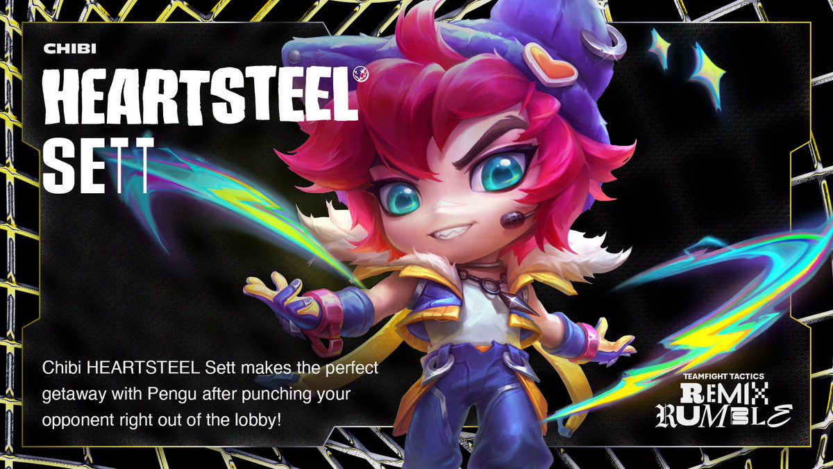 TFT's tweet photo. Ready to win the crowd and make his mama proud, Chibi Sett makes his way to the Remix Rumble stage! 

Die-hard fans will also be able to nab this heartthrob's HEARTSTEEL variant 💪 https://t.co/Cg7AlnLZzR