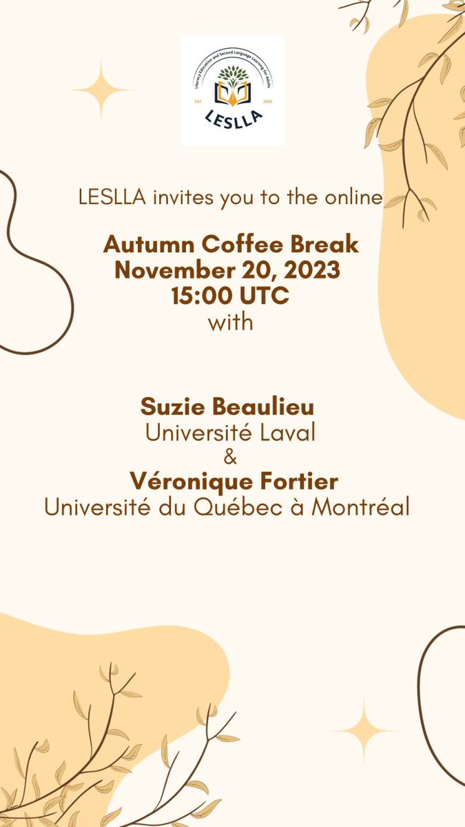LESLLA_org's tweet photo. Don't forget to register for our upcoming Coffee Break on November 20, 2023. Please find all info here: https://t.co/B6zg5fkVCB
#LESLLA #Alphabetisation #Alfabetización #Alfabetizzazione #Alphabetisierung #AlfaNT2 #ANT2 #ELE #AdultLiteracy #AdultEducation #AdultEd https://t.co/LJjnos5Uav