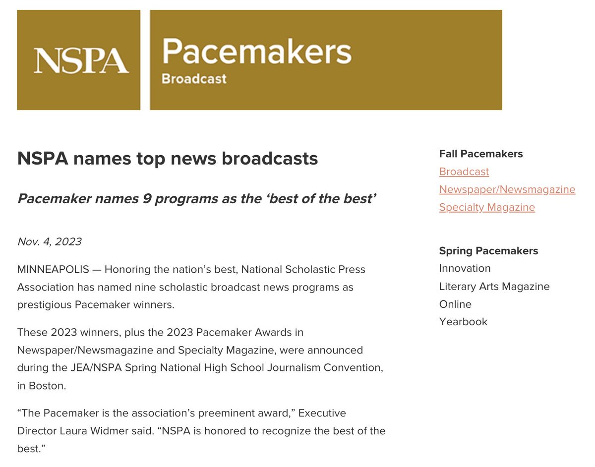 We are honored to receive the news of HTV Magazine's 17th Broadcast Pacemaker Award from the National Scholastic Press Association. Congratulations to our 2022-23 staff! <a href="/Hillcrest_SPS/">Hillcrest High School</a> <a href="/officialSPS/">Springfield Public Schools</a>