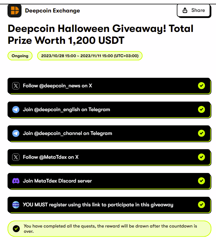 📌<a href="/deepcoin_news/">Deepcoin News</a> #Airdrop 

•Rastgele kişi başı:
🎁30 kişi $10 USDT kazanacak

📍Katılım👉app.questn.com/quest/83223138…

📅Son gün: 11 Kasım

#Dropiers #Giveaway #borsa #Cekilis #dolar #Bitcoin #DolarTL #usdtry #binance