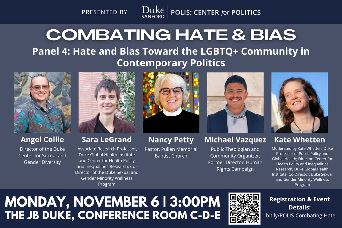 At 3PM! Join us as we discuss combating hate and bias toward the LGBTQ+ community in contemporary politics. Panelists include <a href="/AngelCollie/">Angel Celeste Collie</a> of <a href="/DukeCSGD/">DukeCSGD</a>, <a href="/Sara_LeGrand/">Sara LeGrand (she/they)</a> of <a href="/DukeGHI/">Duke Global Health</a> &amp; <a href="/dukesgmwellness/">Duke SGM Wellness Program</a>, <a href="/RevNancyPetty/">Nancy Petty</a> of <a href="/PullenChurch/">Pullen Memorial Baptist Church</a> and <a href="/mvsebastian/">michael vazquez (he/él) 🐝</a> formally of <a href="/HRC/">HRC</a>