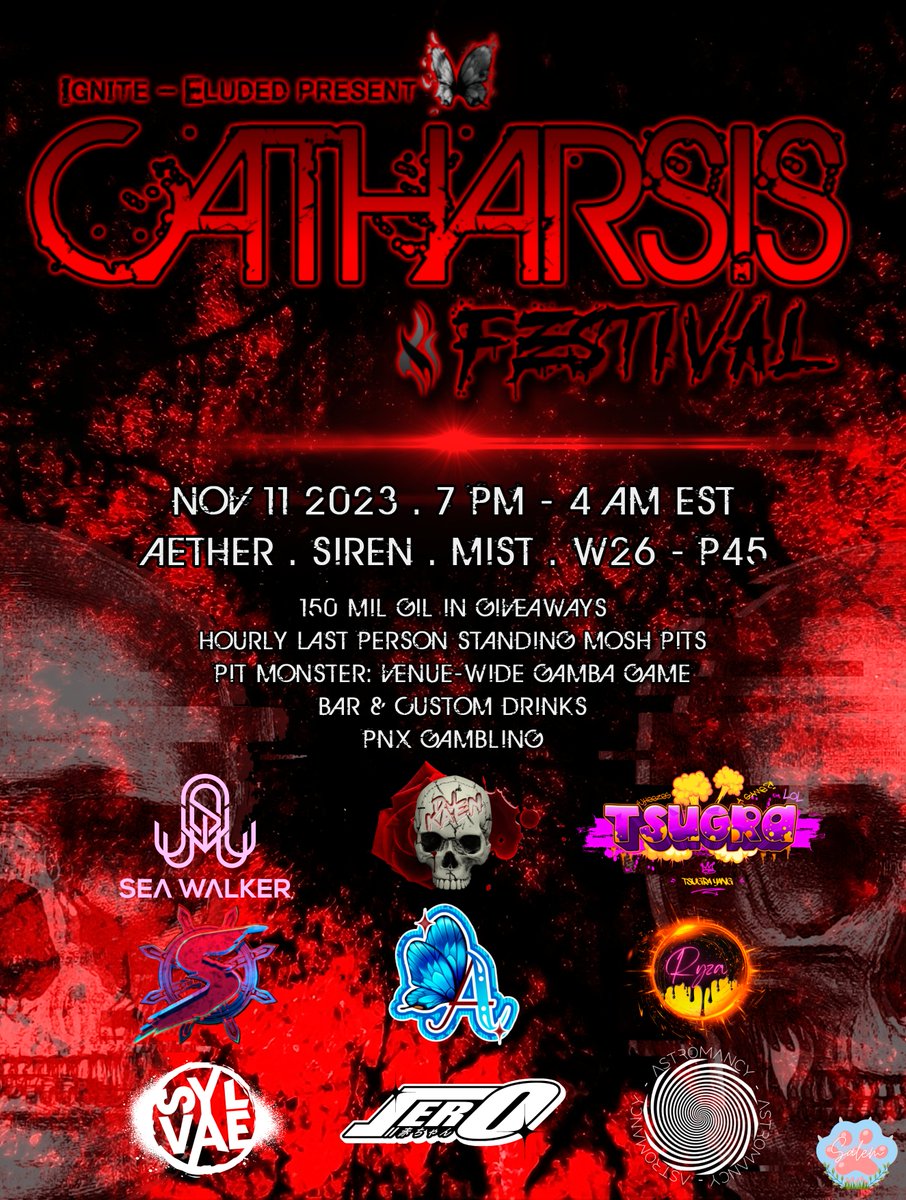 Xully (@xully324) on Twitter photo 11/11/23
Ignite x Eluded
Catharsis Festival
9 Concussive DJs, bringing the hardest and heaviest bangers
<a href="/seawalkerlive/">Sea Walker</a> <a href="/dj_kaen/">Kaen Hisokani</a> <a href="/Kross_Ship2/">Tsugra Yang</a> <a href="/SWAGEsound/">SWAGEYNO$</a> <a href="/AemiliaSatella/">Aemilia ๐ฆ๐ต</a> Sylvae, Jero <a href="/astrospins/">Astromancy_pdx</a>
150m in prizes hourly last person standing mosh pits
Pit Monster Gamba Game
LETS GO! 11/11/23
Ignite x Eluded
Catharsis Festival
9 Concussive DJs, bringing the hardest and heaviest bangers
<a href="/seawalkerlive/">Sea Walker</a> <a href="/dj_kaen/">Kaen Hisokani</a> <a href="/Kross_Ship2/">Tsugra Yang</a> <a href="/SWAGEsound/">SWAGEYNO$</a> <a href="/AemiliaSatella/">Aemilia ๐ฆ๐ต</a> Sylvae, Jero <a href="/astrospins/">Astromancy_pdx</a>
150m in prizes hourly last person standing mosh pits
Pit Monster Gamba Game
LETS GO!