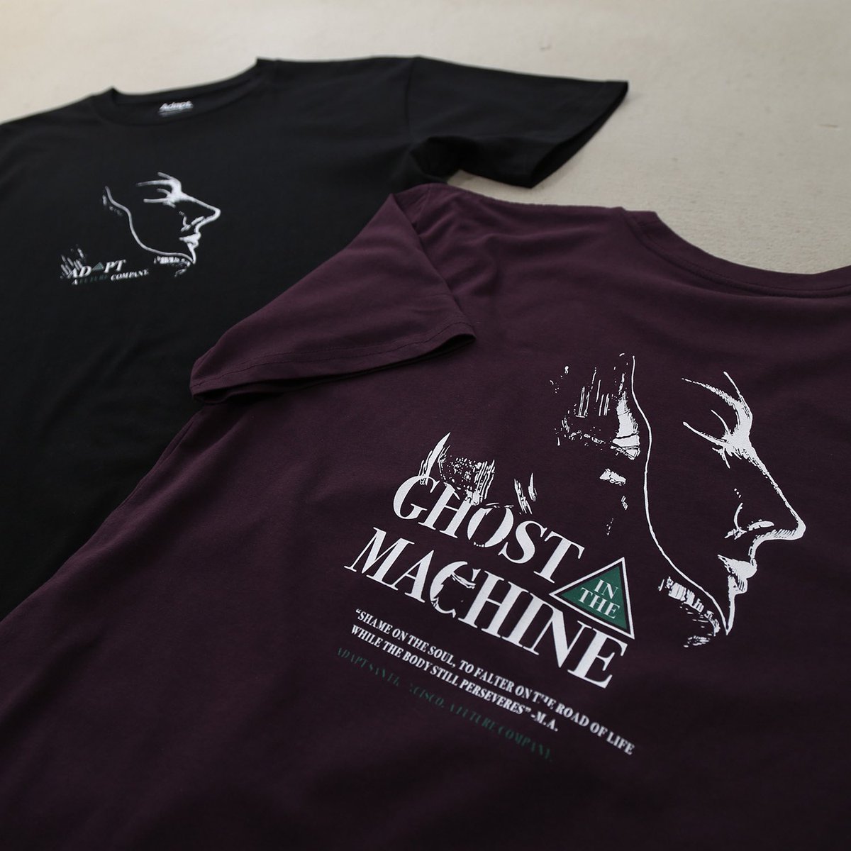 Adapt's tweet image. “Shame on the soul, to falter on the road of the life while the body still perseveres”

Ghost in the Machine :: A1 tees now available @ adaptclothing.com