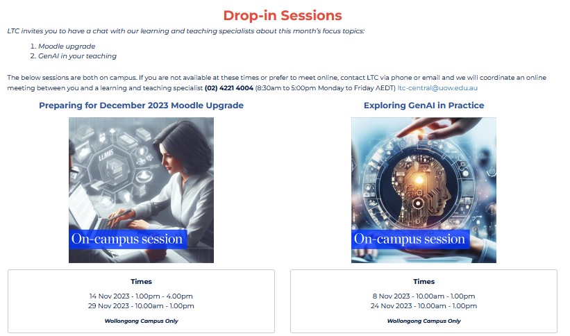 Our LTC teams are excited to connect and explore with <a href="/UOW/">UOW</a> colleagues at our upcoming practical &amp; interactive workshops &amp; drop-in sessions on GenAI and the learning platform upgrade. Tomorrow's "GenAI World cafe" is first up. Hope to see you there!  uow.swoogo.com/PDLTC