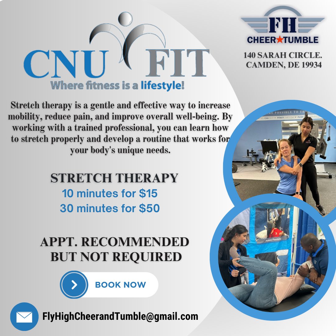 flyhighcheerDE's tweet photo. Stretch Thepary Sessions are now starting! CNU Fit and Fly High are teaming up to develop better movement among young athletes and adults. For more information or to book a session, https://t.co/xABfSzRXhp Sessions will be every Tuesday from 5:30-7:30 p.m. at Fly High. https://t.co/nY3EPdl3po