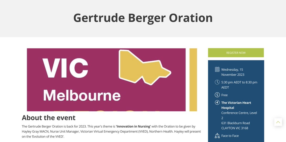 To end the year, join @acn_tweet next week for The Gertrude Berger Oration with this year's theme of 'Innovation in Nursing' at The Victorian Heart Hospital, @MonashHealth. Learn how nurses drive innovative solutions & improve patient experience. Register: members.acn.edu.au/EventDetail?Ev…