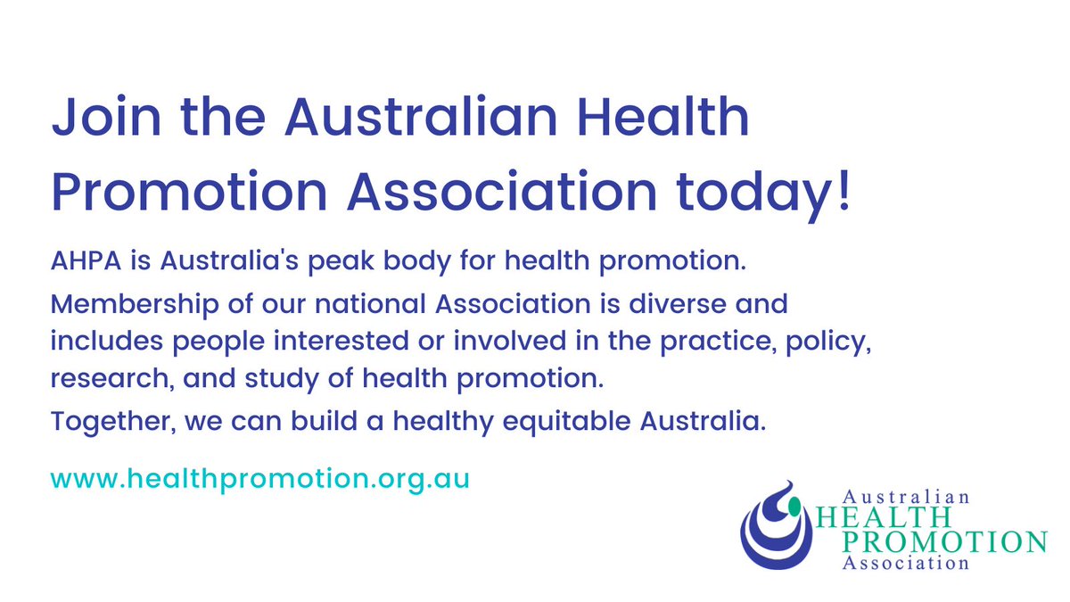 We warmly invite all people interested or involved in the practice, policy, research, and study of health promotion to join the Australian Health Promotion Association! 

Find more information on member benefits here: healthpromotion.org.au/about-ahpa/mem… 

Join now: healthpromotion.org.au/join-now