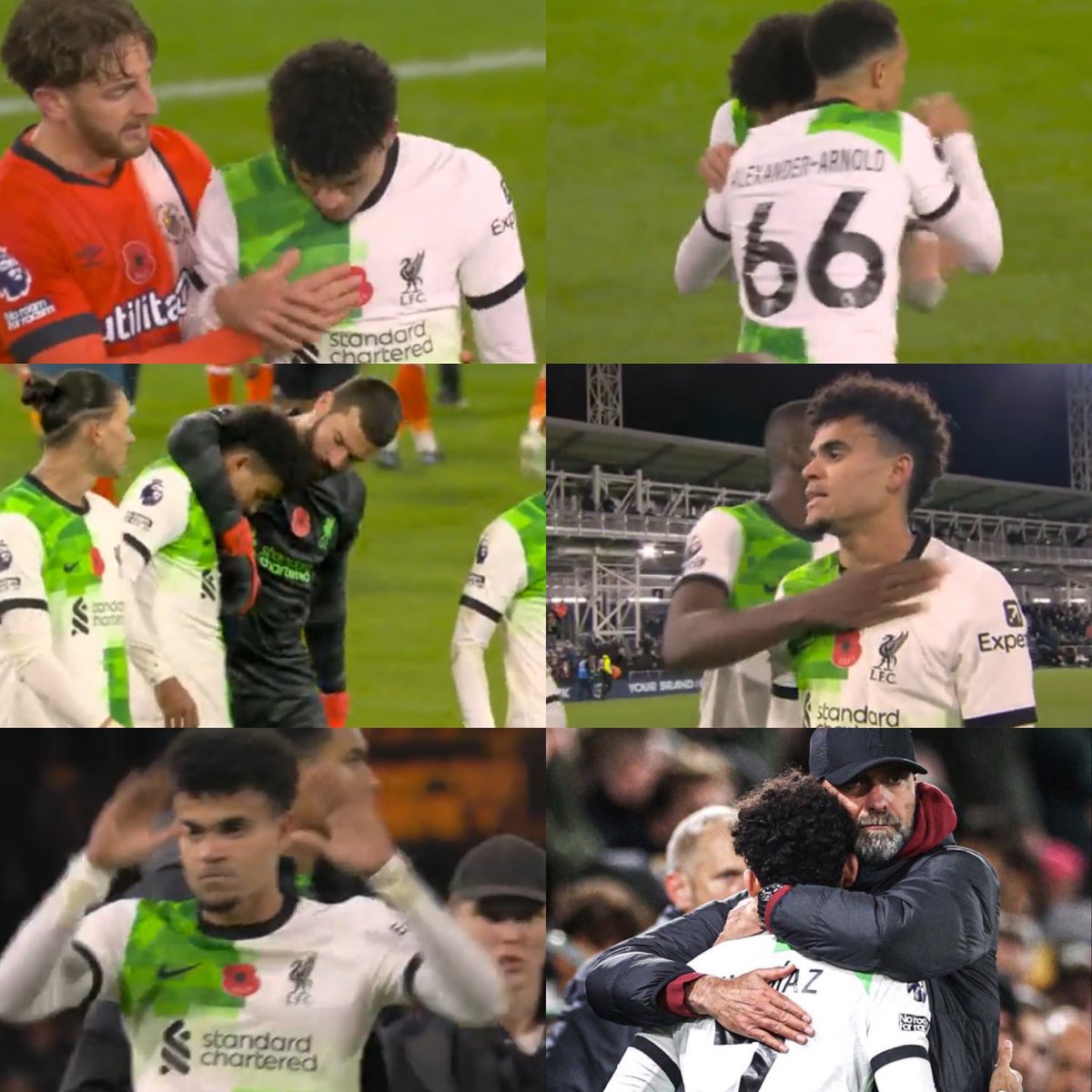 Juezcentral's tweet photo. Rivales y compañeros se acercan a abrazarlo. El estadio cantó "Díaz, Díaz, Díaz" mientras él agradecía. Y Klopp lo abrazó efusivamente. Así fue despedido Lucho Díaz de Lutton, tras anotar el gol del empate del Liverpool y pedir la liberación de su padre.

Todos contigo, Lucho. Libertad para Mane Díaz y todos los secuestrados, YA.