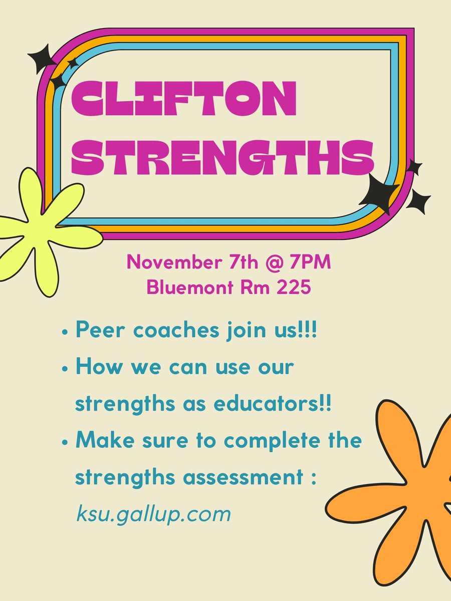 We will have a workshop to work with our strengths and to learn how we can use them in our profession as educators. Before our meeting, everyone should take the CliftonStrengths assessment!!